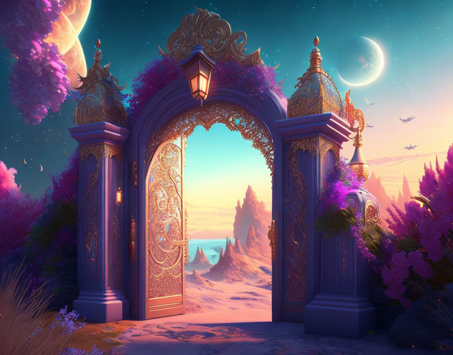 Ornate glowing gate leading to fantastical twilight landscape