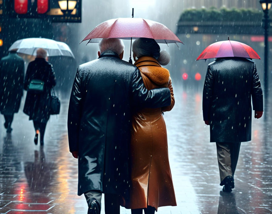 Three People Walking with Umbrellas on Rainy City Street