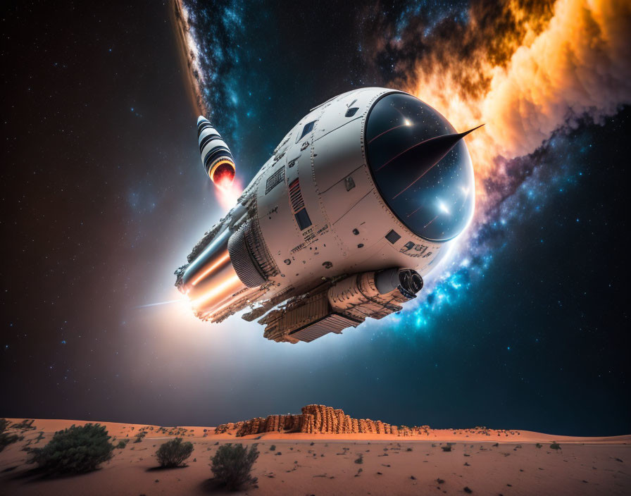 Futuristic spaceship descending on desert landscape at night