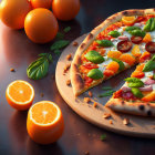 Colorful pizza with oranges, basil, and olives on wooden board