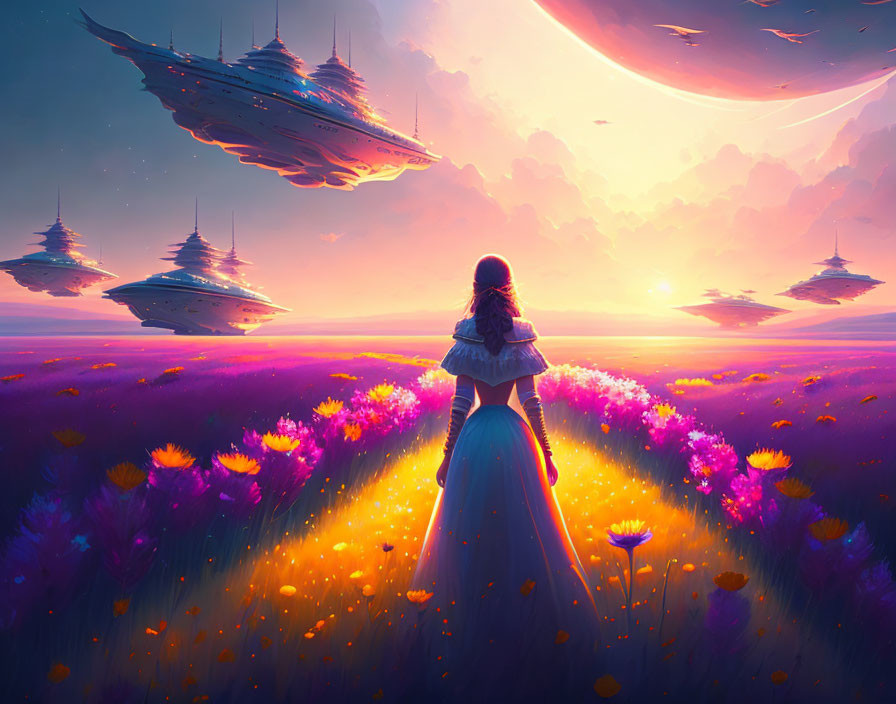 Woman in vibrant flower field with floating alien ships and large planet in purple sky