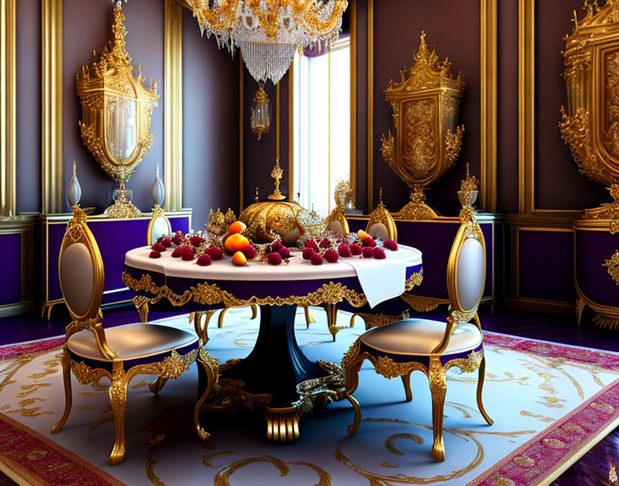 Luxurious Dining Room with Purple Walls and Golden Ornaments