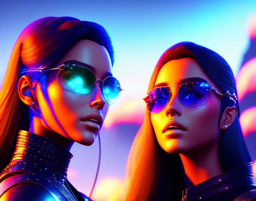 Stylized female figures with sleek hair and futuristic sunglasses under neon lights