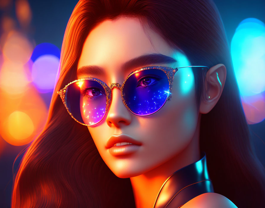 3D digital artwork of woman with stylish glasses in neon-lit cosmos