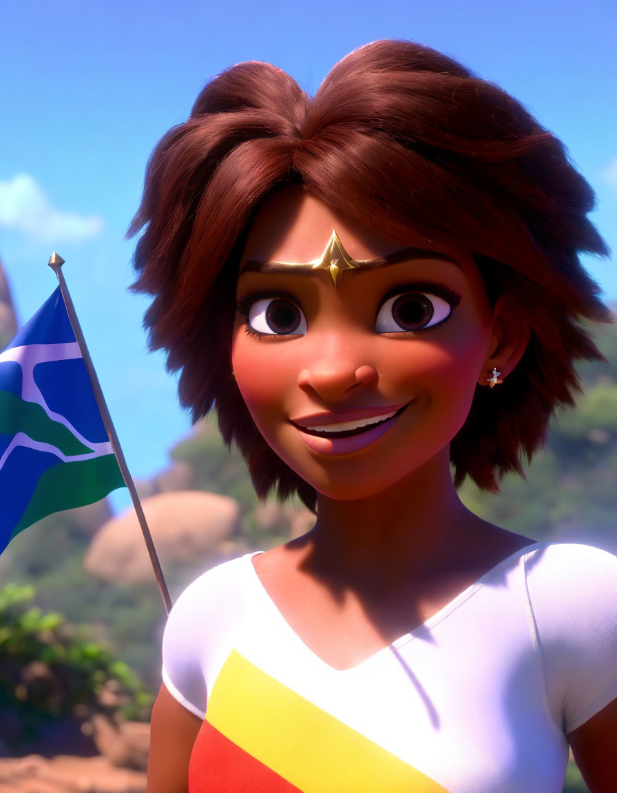 Smiling animated character with star on forehead beside colorful flag