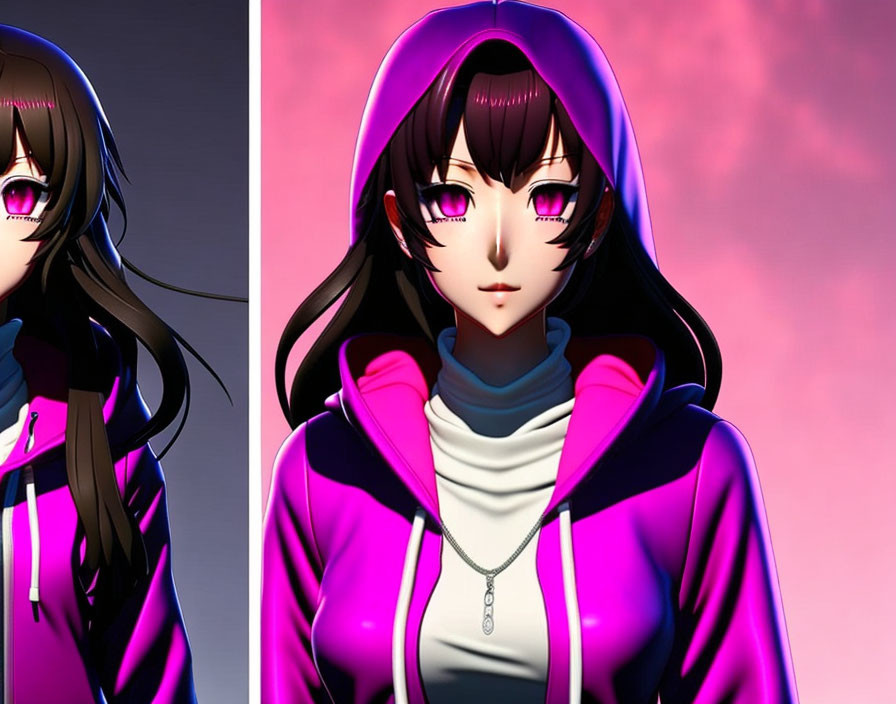 Anime-style girl with pink eyes and brown hair in purple hoodie on pink and purple background with reflection.