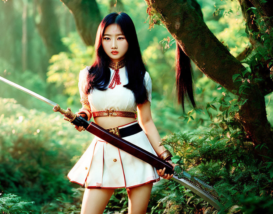 Woman in White and Red Outfit with Sword in Sunlit Forest