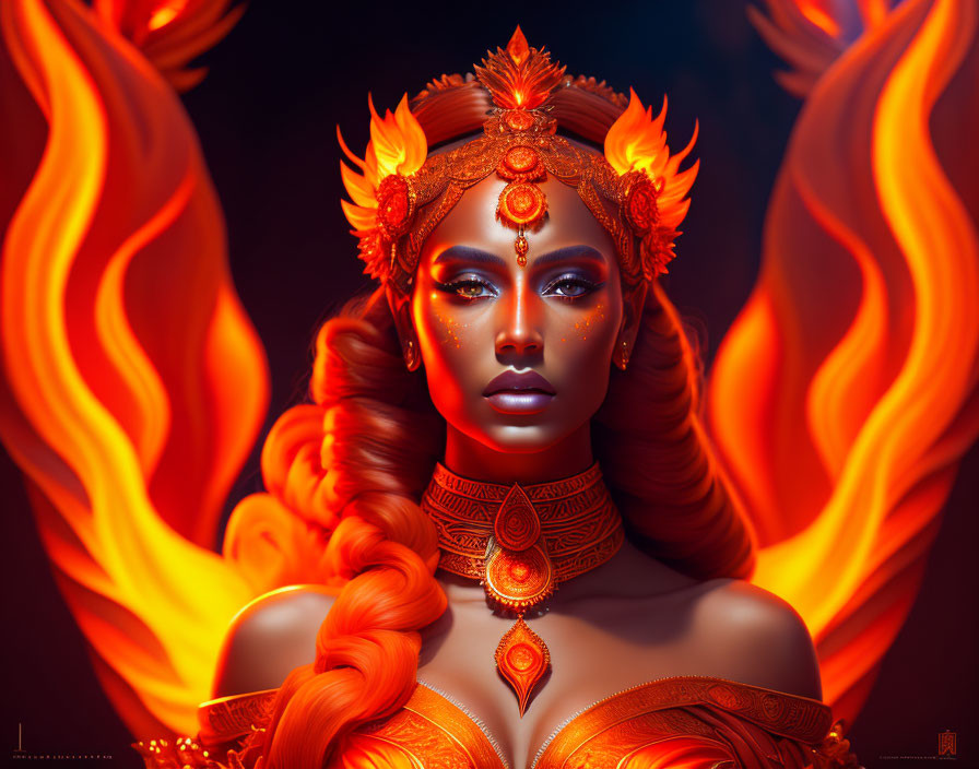 Digital artwork: Woman with fiery orange hair and ornate jewelry engulfed in flames