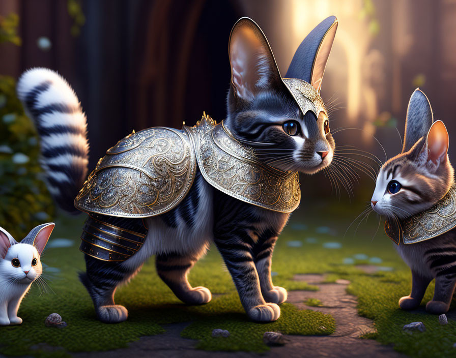 Armored cats with golden details and a white kitten in a mystical forest.