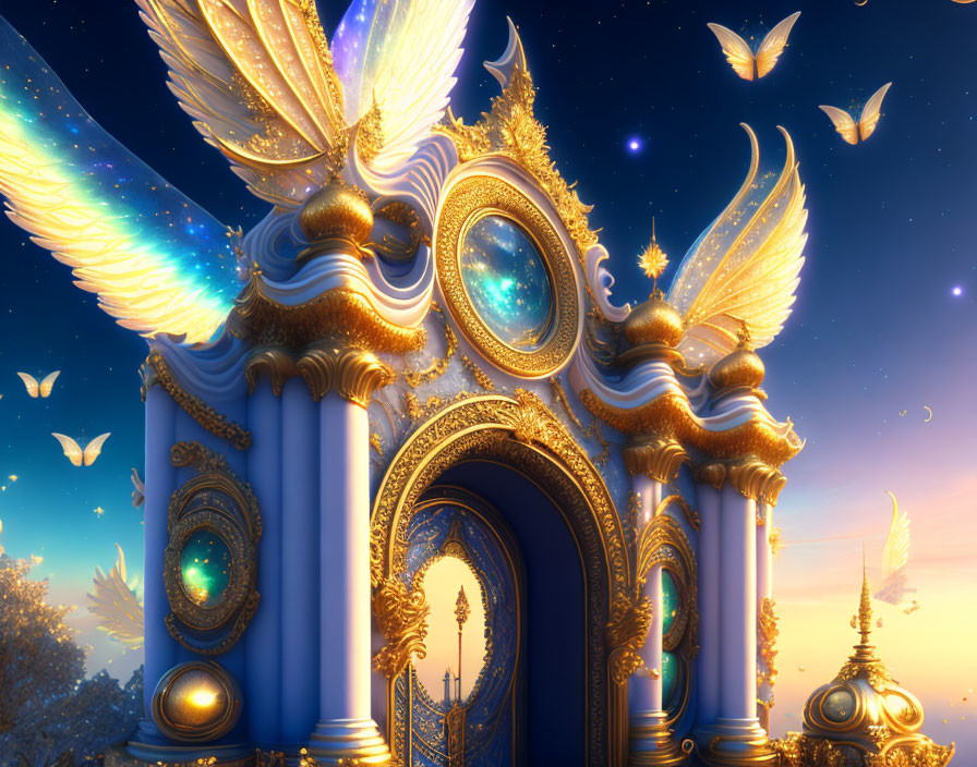 Golden and Blue Palace with Wings, Celestial Motifs, and Butterflies