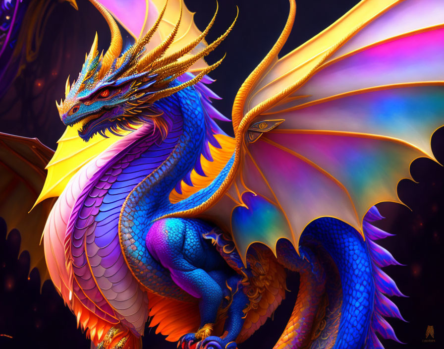 Colorful Majestic Dragon with Golden Horns and Rainbow Wings