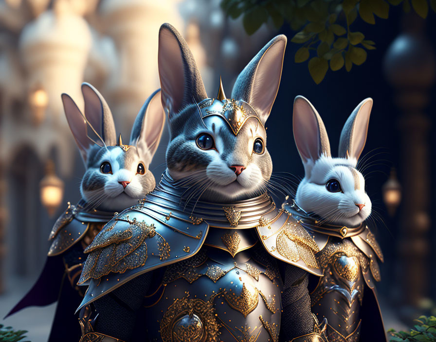 Feline-faced knight in ornate armor with bunnies by castle