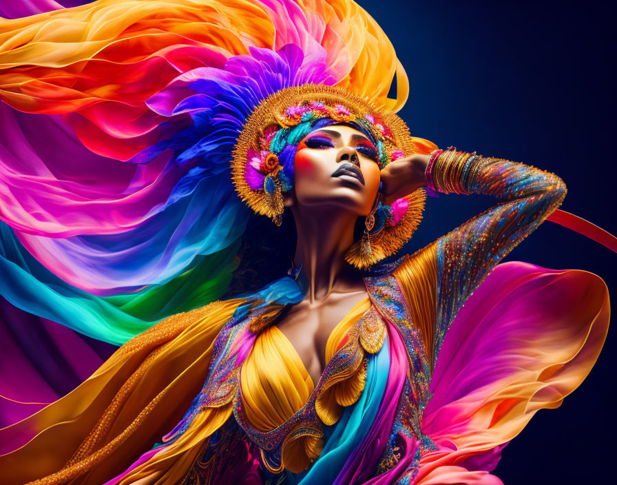 Colorful Woman in Carnival Attire with Feathered Headdress