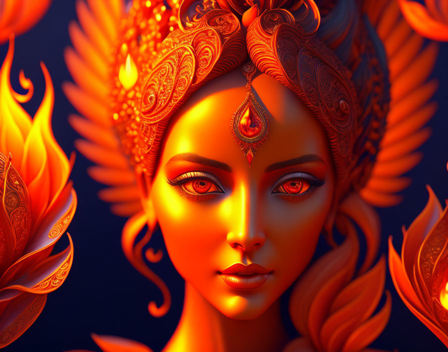 Fiery orange and red digital artwork of woman with ornate headdress