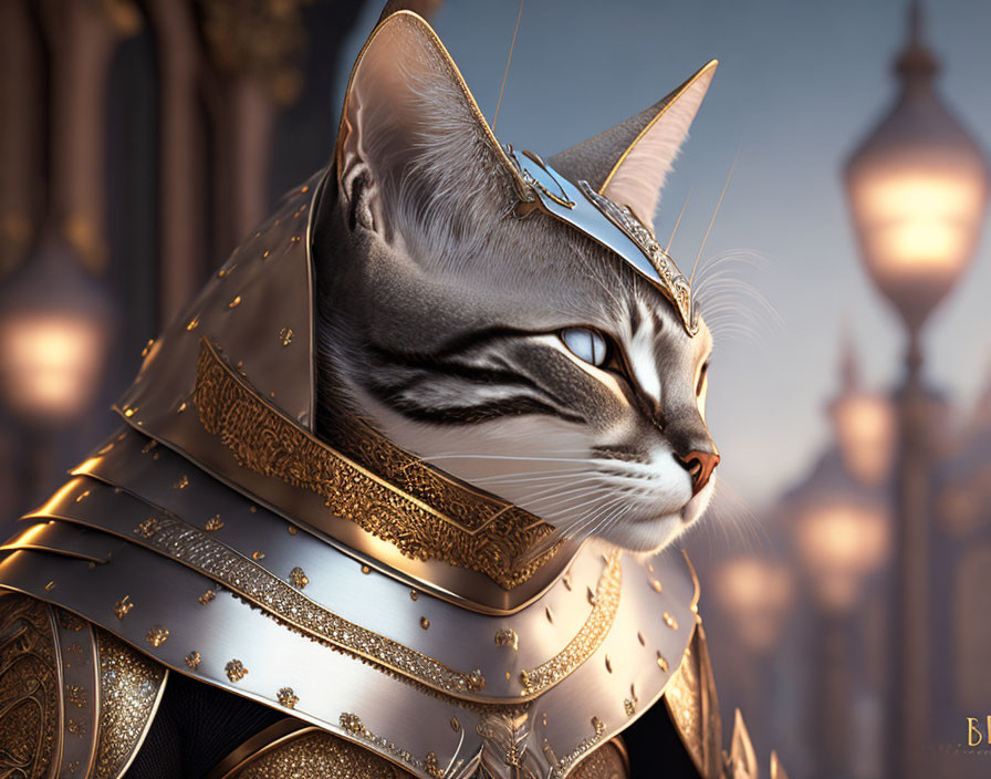 Regal cat in golden armor against fantasy cityscape.