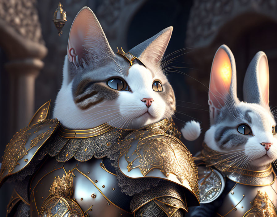 Fantasy armored cats with intricate designs and crown, creating a regal atmosphere