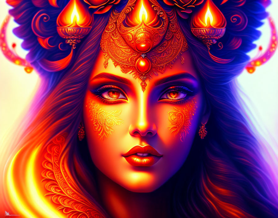 Colorful fantasy artwork of woman with gold headpiece and candles