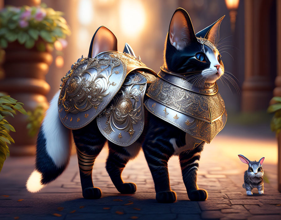 Regal black and white cat in ornate armor with tiny rabbit in warmly lit courtyard