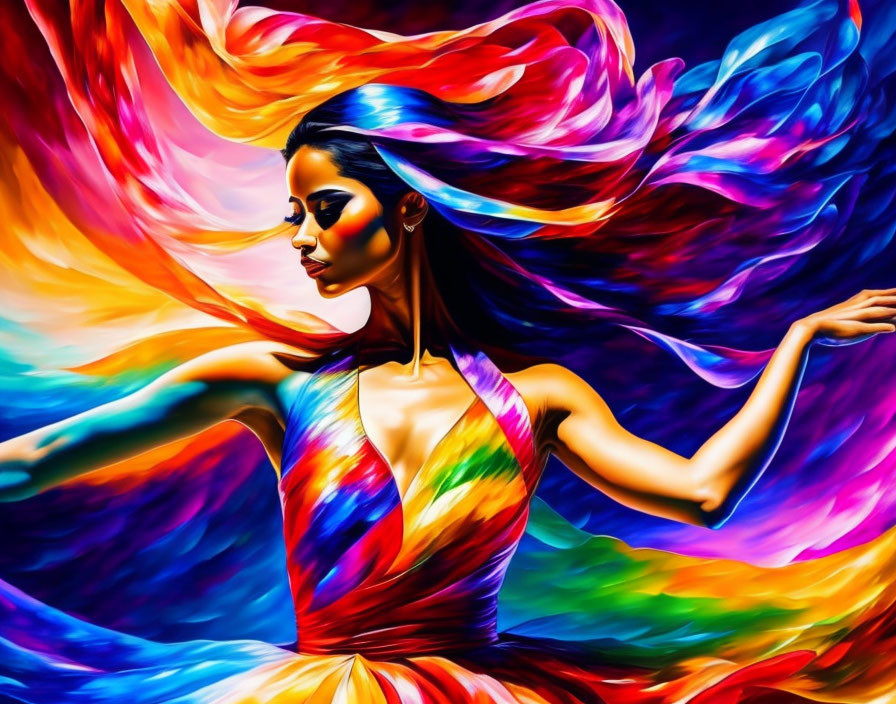 Colorful digital artwork: Woman with flowing hair and dress in dynamic rainbow swirl