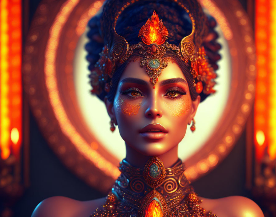 Ornate woman with fiery gem, golden headdress, and jewelry on warm background