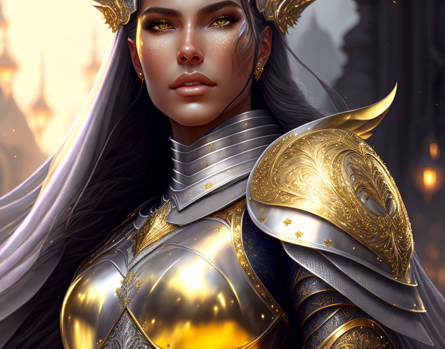 Female Warrior Digital Artwork: Golden Armor, White Hair, Fiery Background