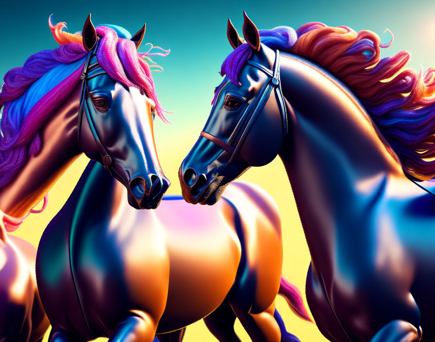 Stylized horses with purple and pink manes on warm gradient background