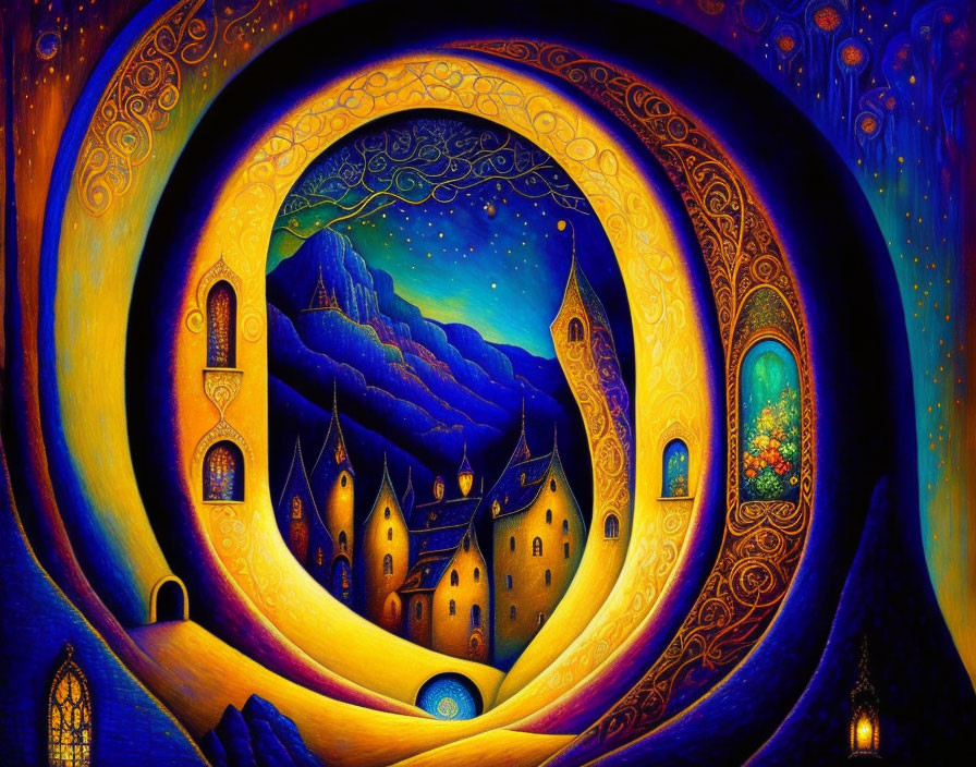 Vibrant surreal painting of fantastical village view