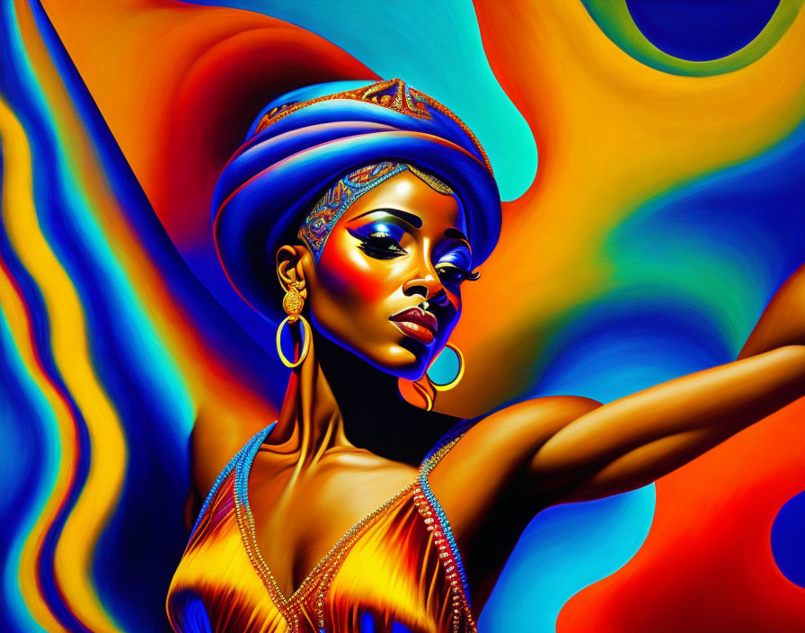 Colorful digital art: woman in blue headwrap with large earrings