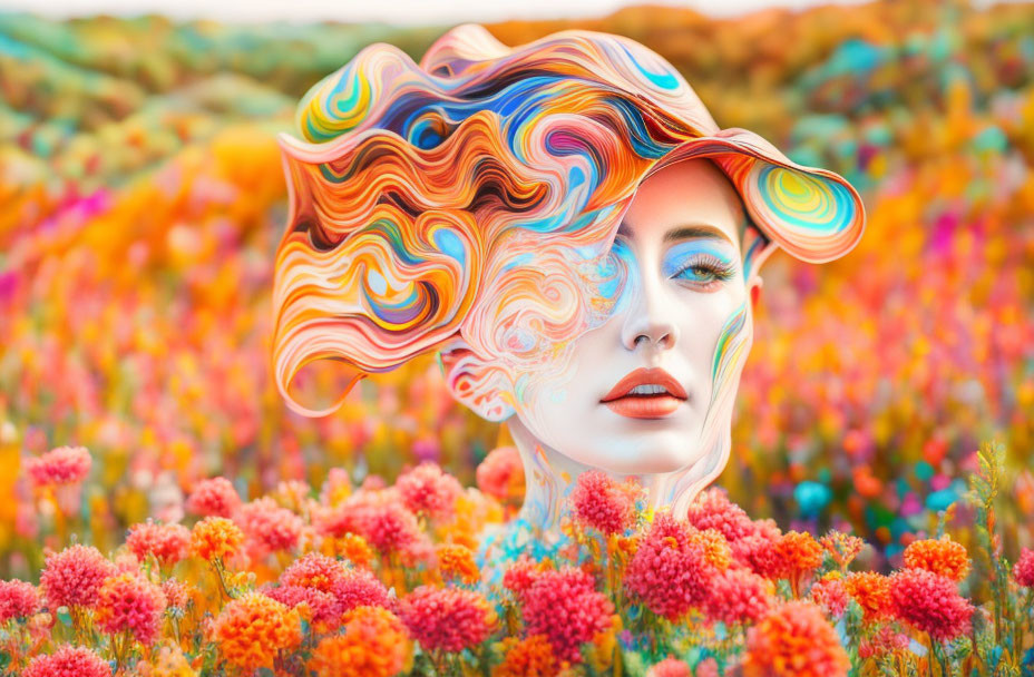 Colorful surreal portrait of a female figure with swirling patterns and flowers.