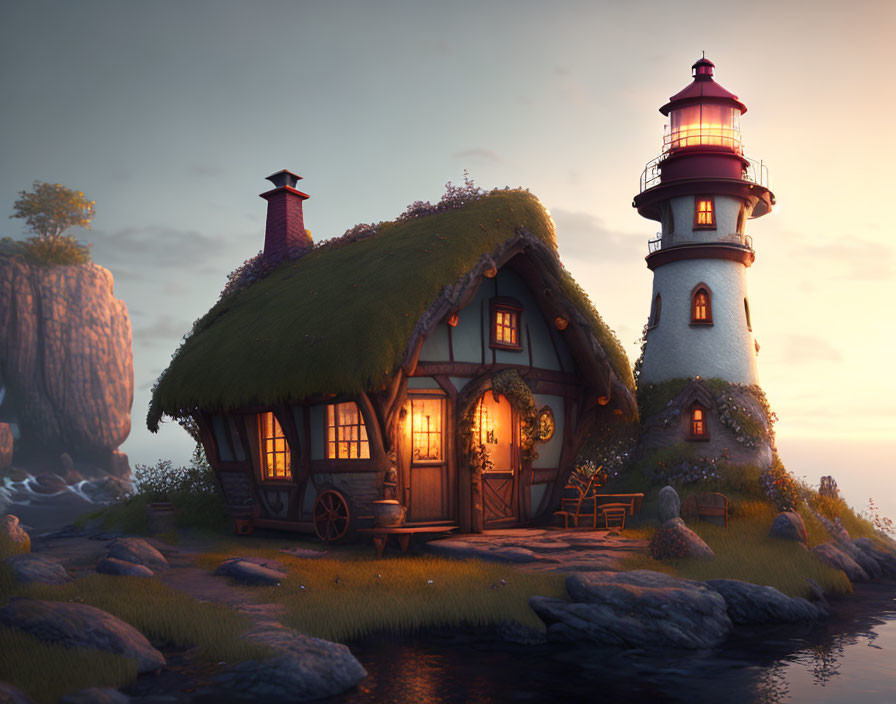 Thatched Roof Cottage & Lighthouse on Rocky Shoreline at Dusk