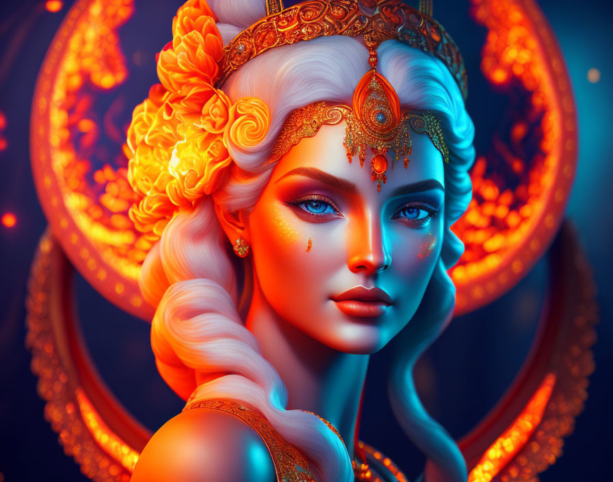 Digital artwork: Woman with golden hair, blue eyes, ornate jewelry, against mandala backdrop