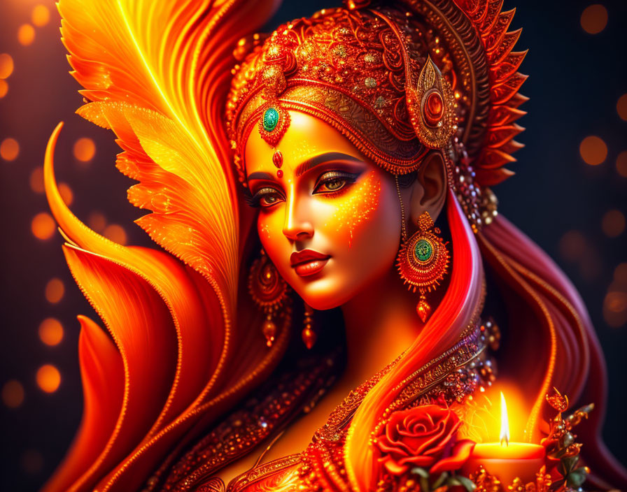 Woman in ornate golden and red attire with glowing skin in fiery, feather-like backdrop.