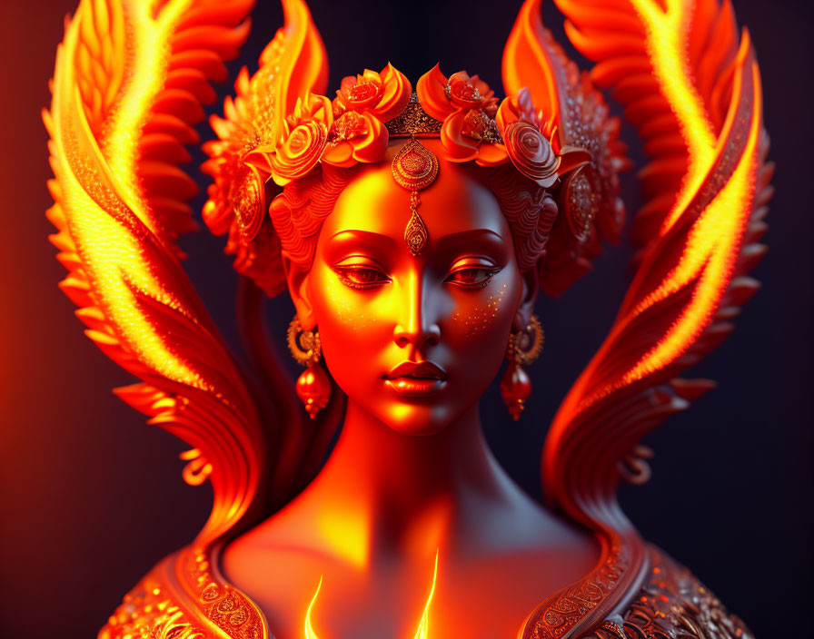 Vibrant digital artwork of woman with ornate gold headdress and red jewelry