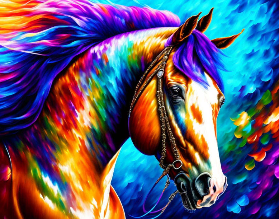 Colorful Horse Digital Painting with Blue, Orange, and Purple Hues