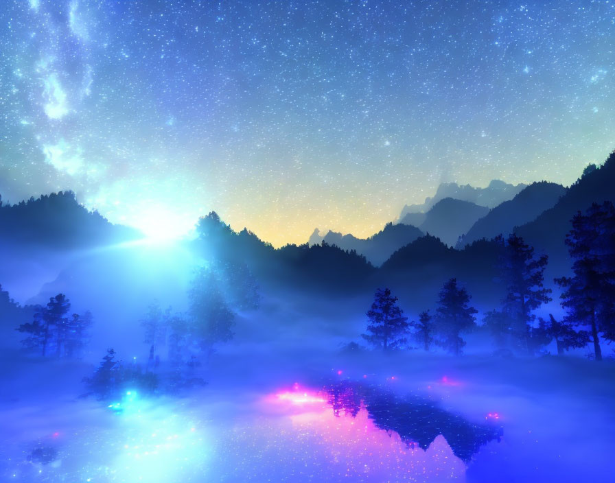 Mystical starry night sky over serene forest and lake