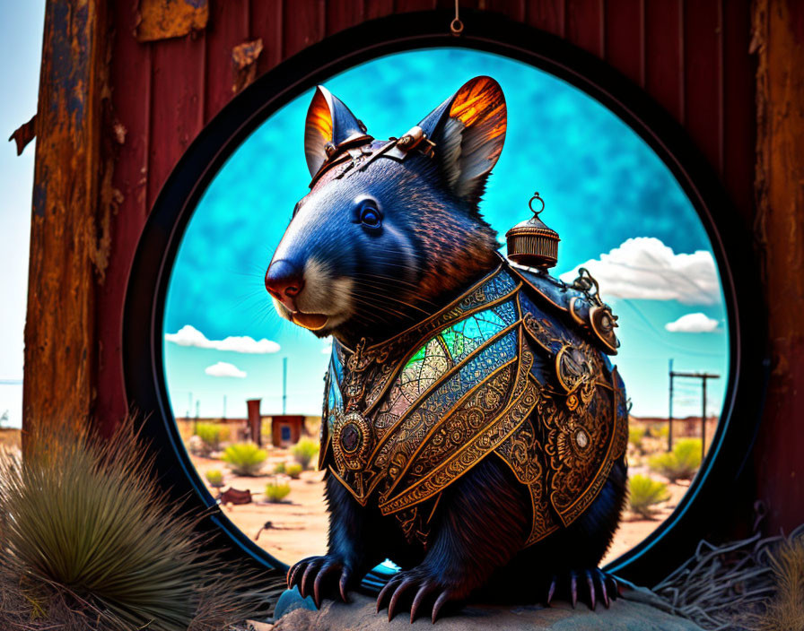 Anthropomorphic Mouse in Ornate Armor with Lantern on Blue Sky Desert Background