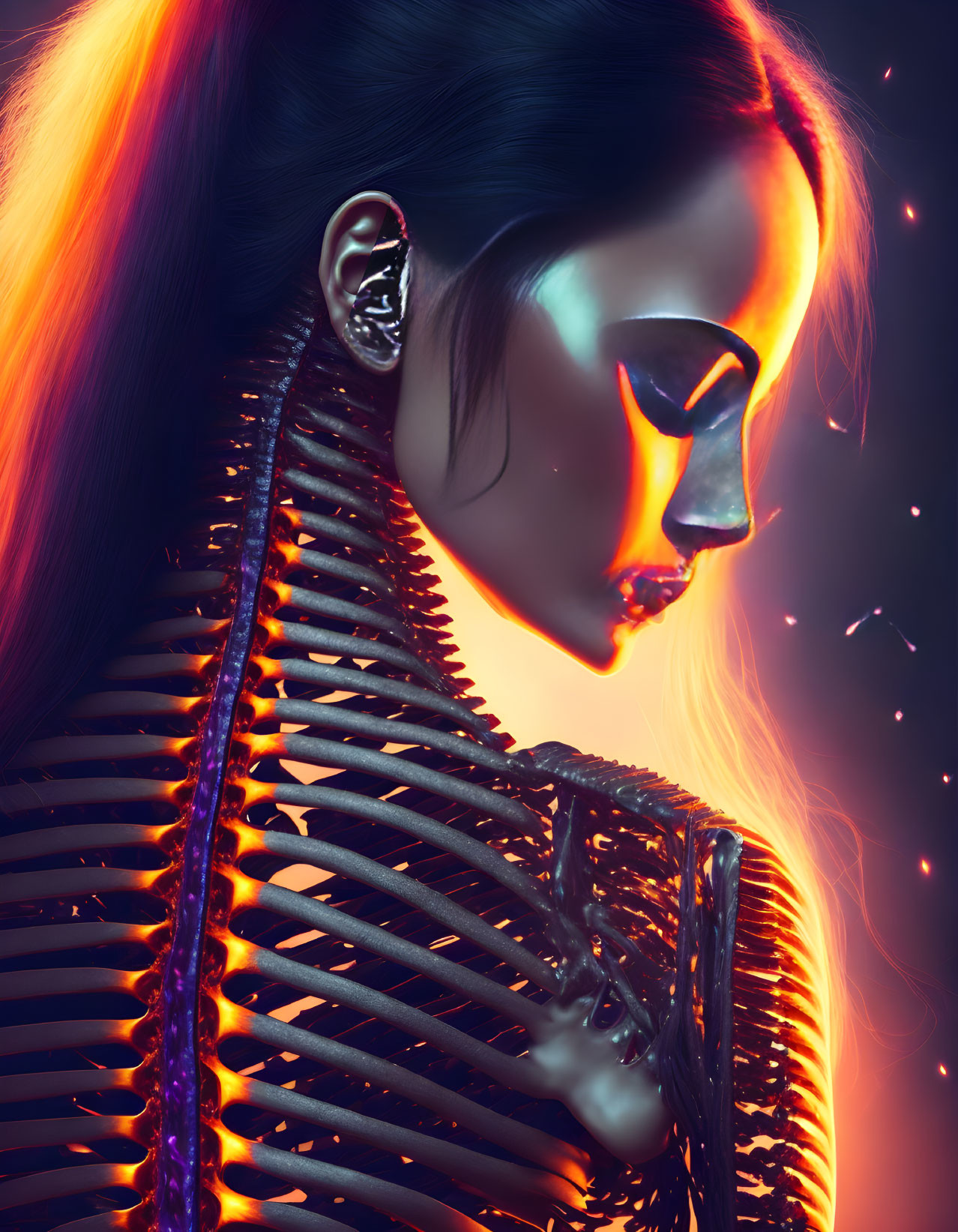 Futuristic portrait with neon lights, cybernetic spine, and metallic earpiece