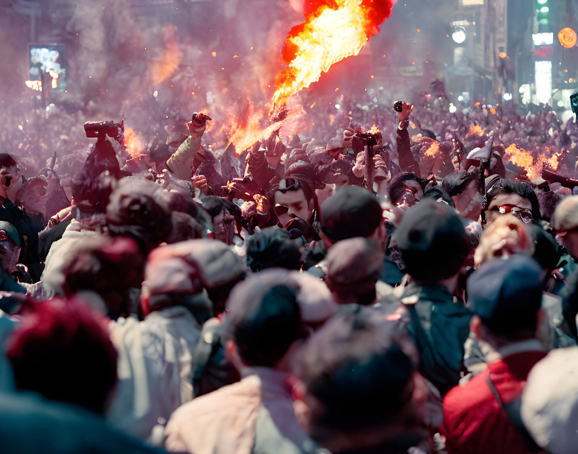 Crowd watching person breathe fire on busy street at night