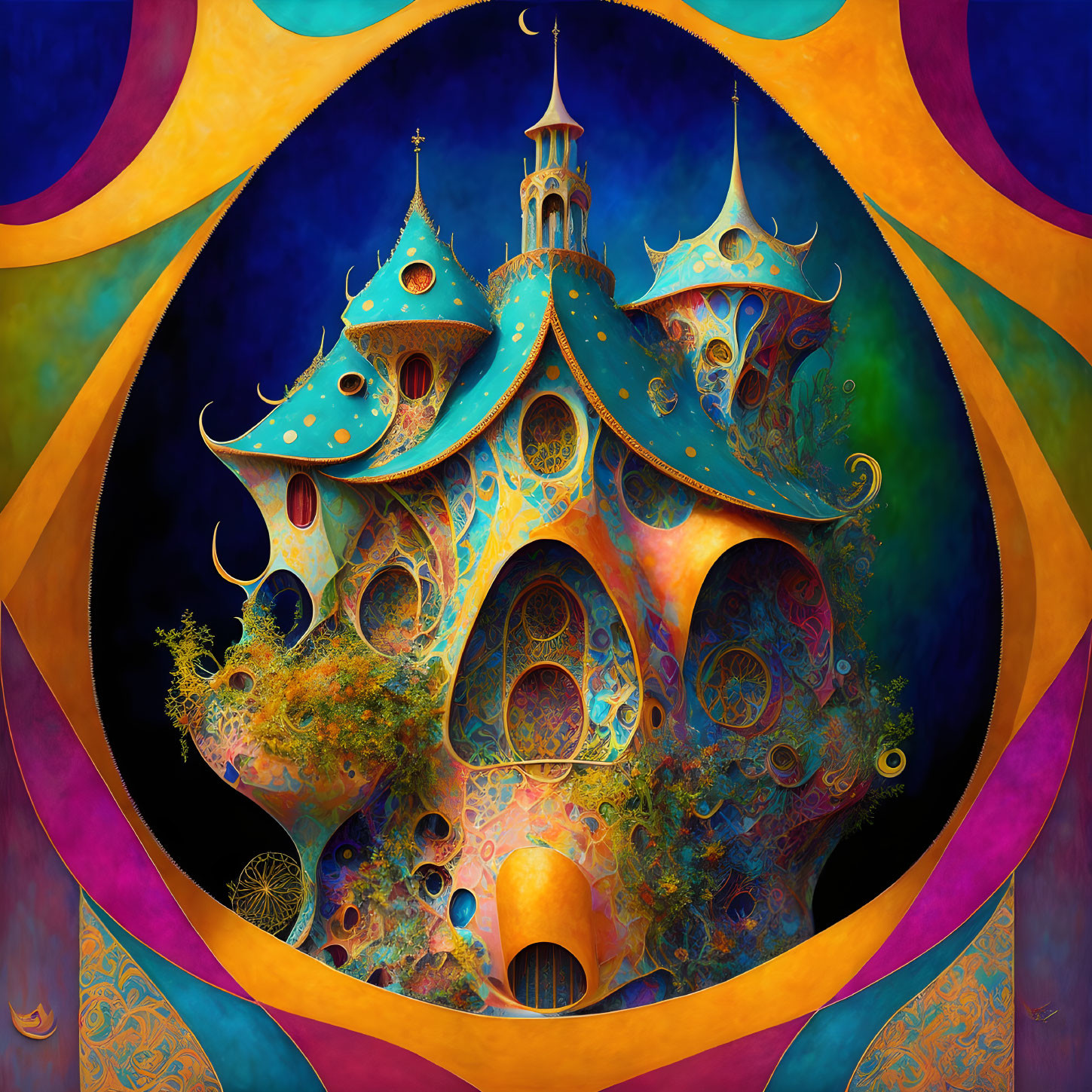 Fantastical house illustration with swirling towers and colorful background