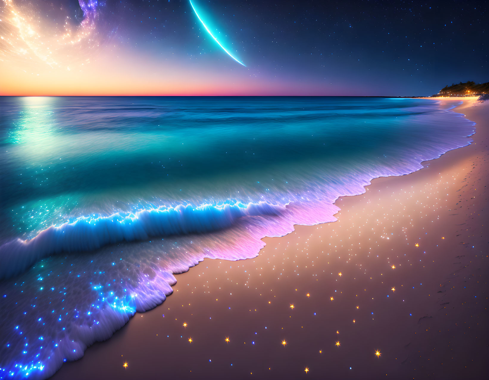 Twilight beach with bioluminescent waves and comet in starry sky