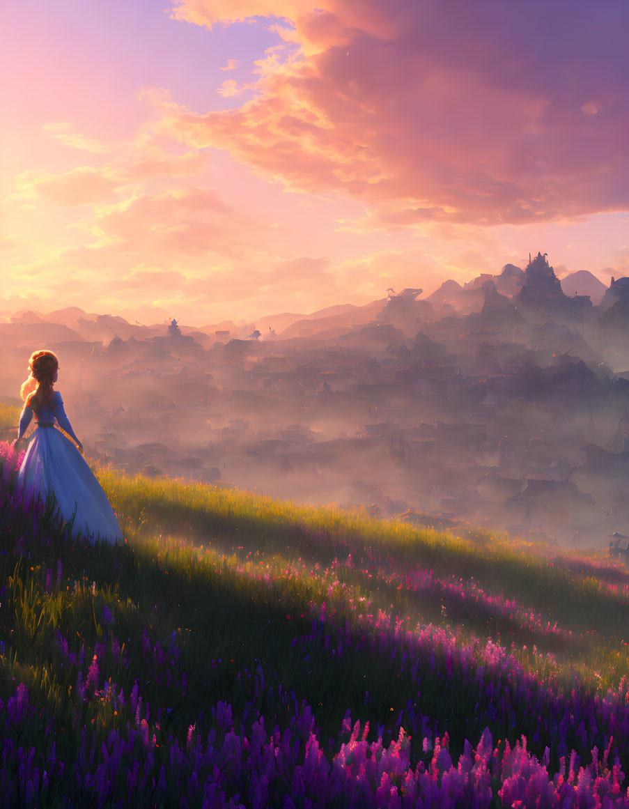 Woman in Blue Dress Admiring Sunset Over Misty Landscape