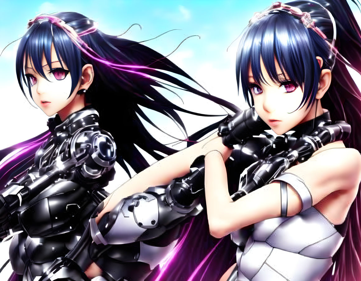 Anime girls in futuristic armor with black hair and big guns, standing under bright sky