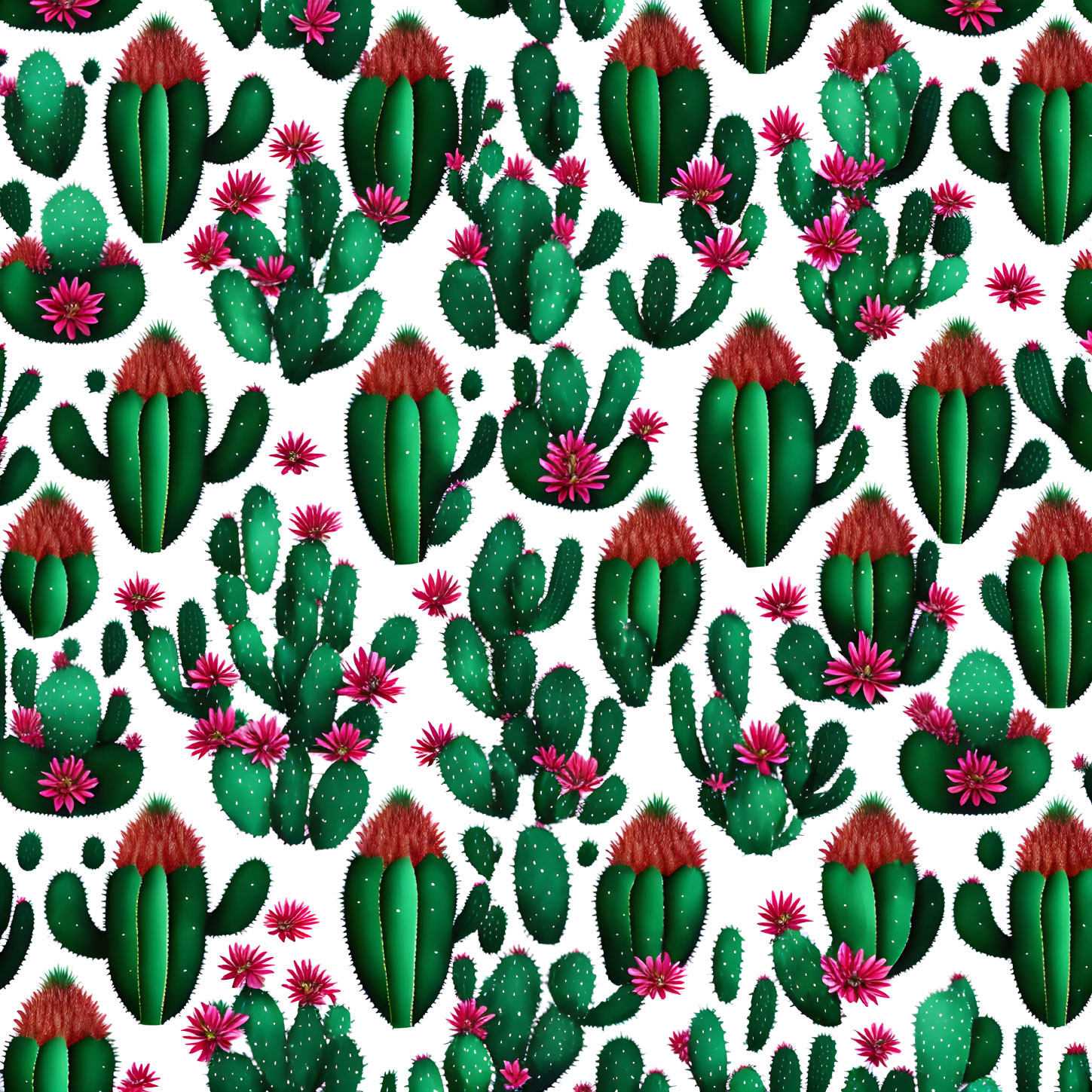 Green Cacti Pattern with Red and Pink Flowers on White Background