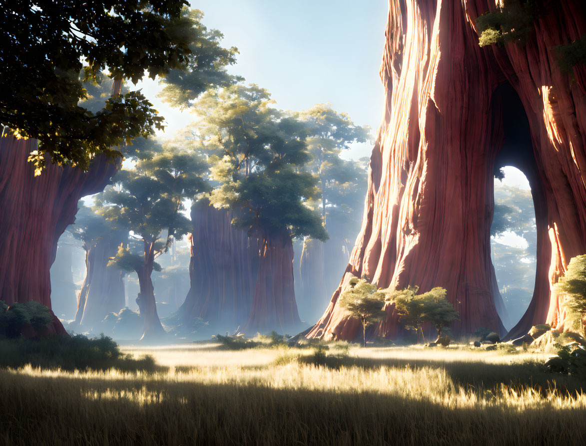 Serene forest of towering redwood trees in sunlight