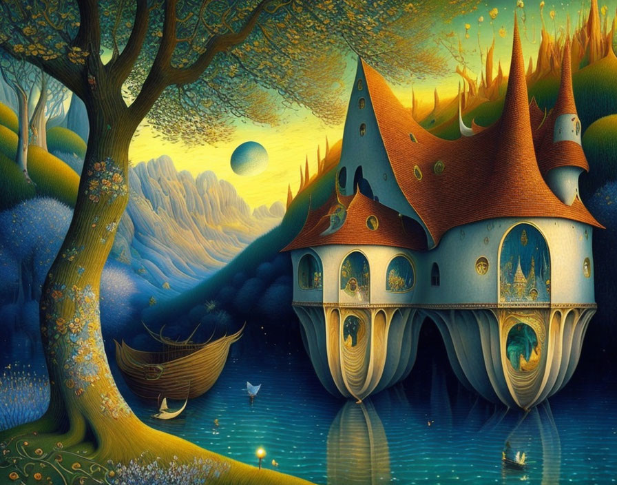 Fantastical blue castle with autumnal scenery and serene lake