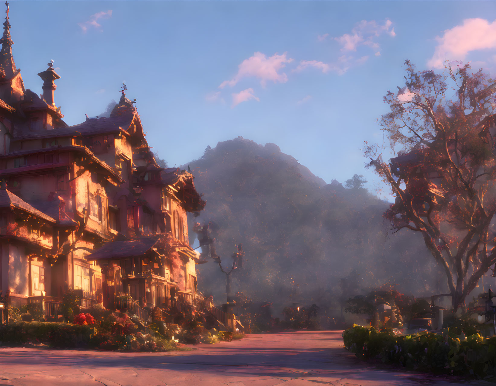 Victorian-style houses on serene street with mountain backdrop