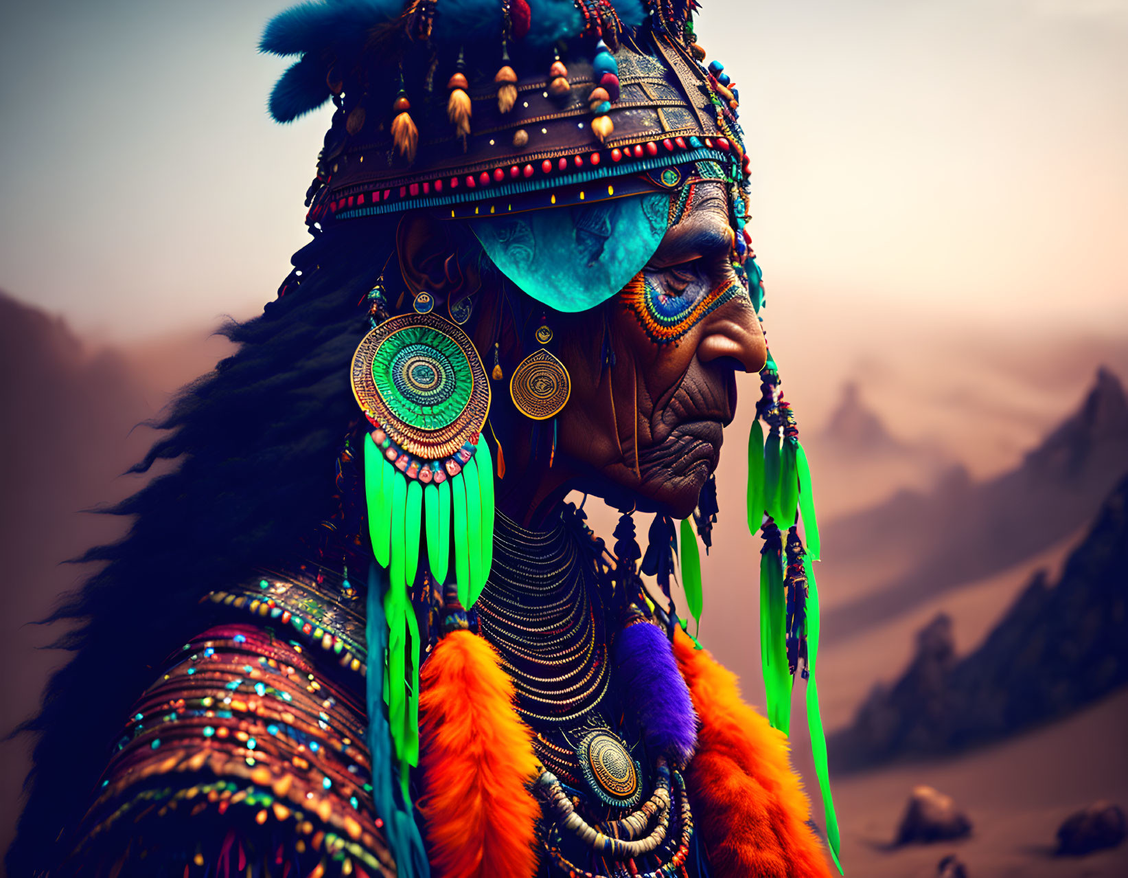 Colorful Native American Headdress Profile View in Desert