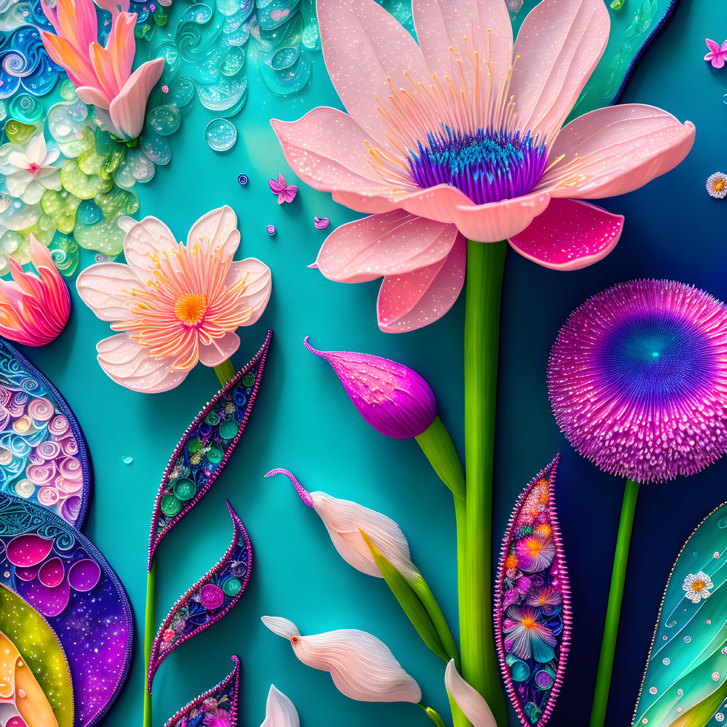 Colorful digital artwork of stylized lotus flowers and leaves on turquoise background