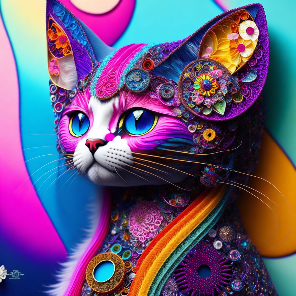 Colorful whimsical cat illustration with intricate patterns and textures on multicolored background