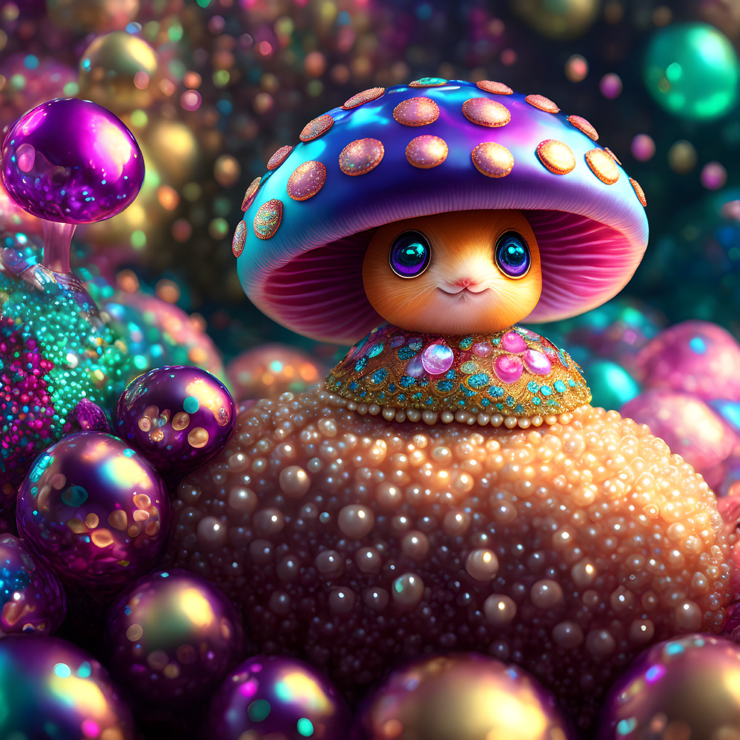 Colorful Whimsical Creature with Mushroom Cap Hat in Bubble-filled Landscape